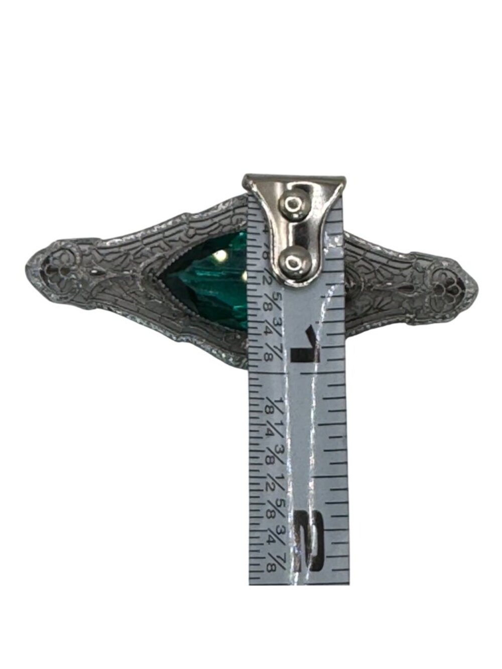 Antique 14k White Gold Filigree Brooch Emerald Green Glass Stone Art Deco 2.5" - Picture 6 of 11